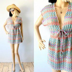 Crochet Knit Top | Low Cut Top | Colorful Summer Top | Empire Waist Top | S to M